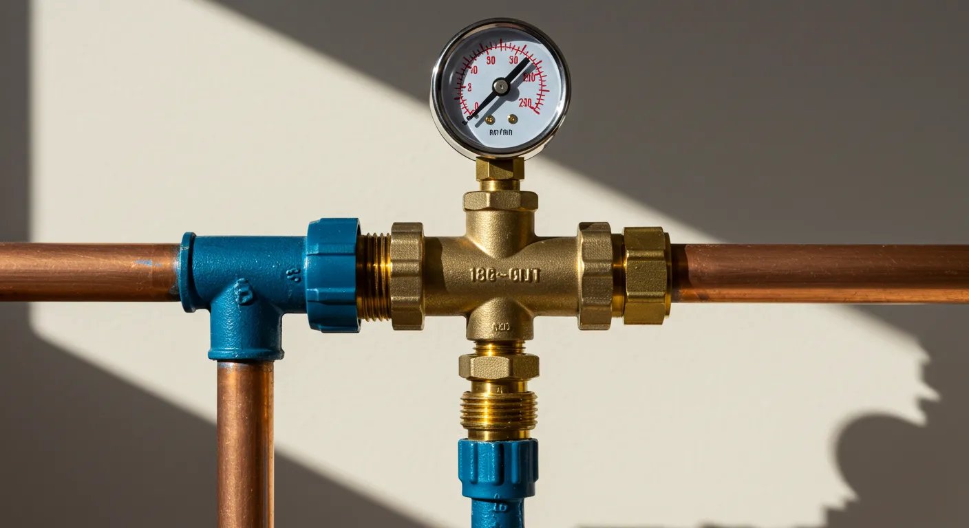 A brass water pressure valve with a top-mounted pressure gauge, connected horizontally to copper pipes with a blue connector on the left, and a vertical blue pipe below it.