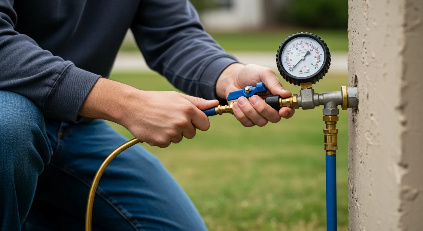 A person's hands connecting a blue hose with a brass fitting and pressure gauge to a vertical silver pipe on an outdoor post, with a green lawn in the background.