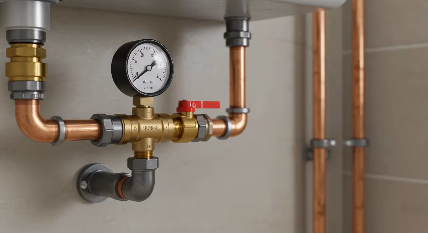 A brass water pressure valve with a red handle and a pressure gauge, connected to copper pipes and a gray pipe fitting, mounted against a light gray wall.