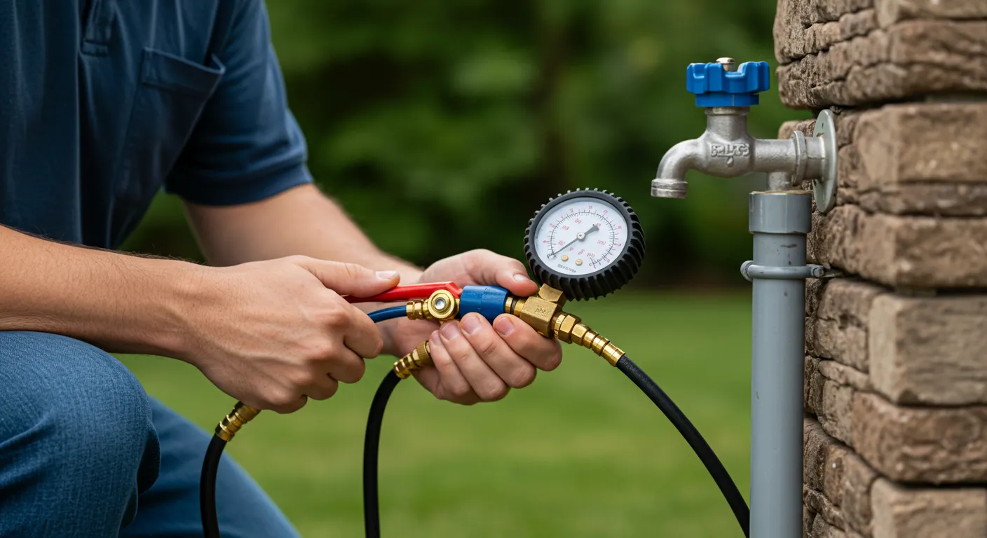 A person's hands holding a pressure gauge and blue hose connected to an outdoor silver spigot with a blue handle, attached to a stone wall.