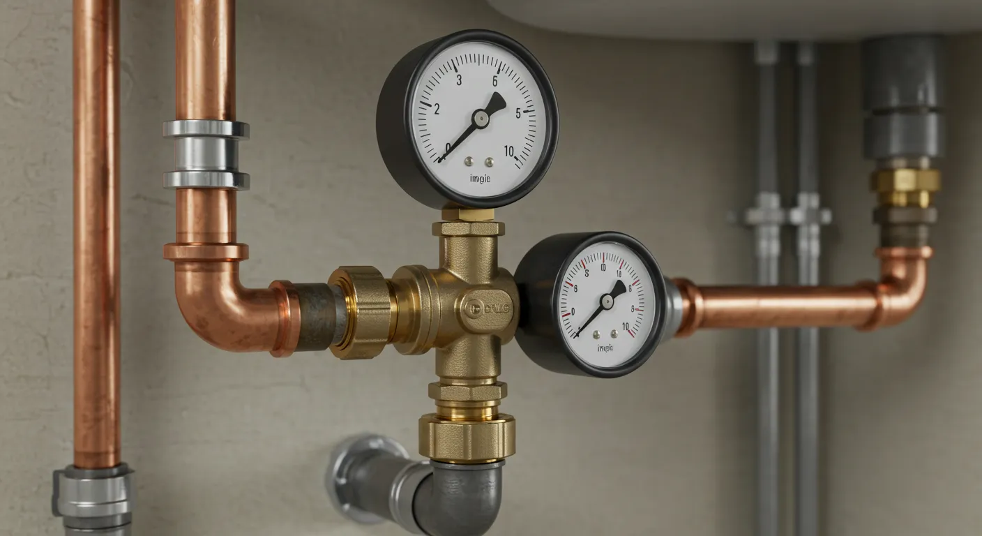 A central brass water pressure valve assembly with two black-faced pressure gauges, connected to copper and gray pipes, against a light gray wall.