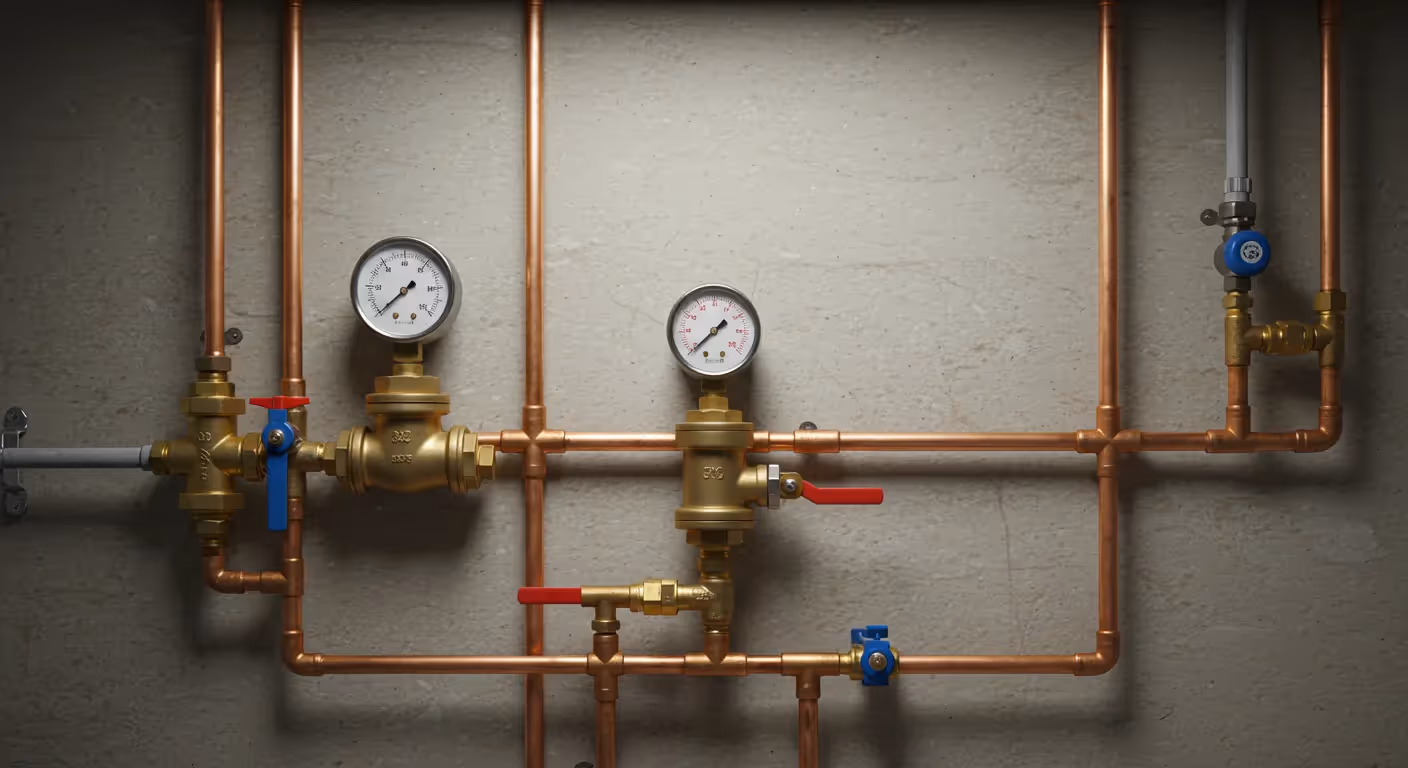 A complex network of copper pipes and brass valves, including two pressure gauges and various red and blue lever handles, mounted on a light gray wall.