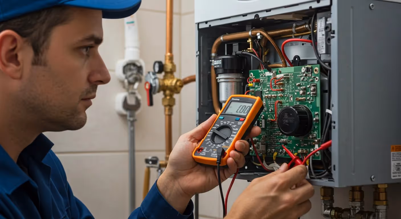 A technician in a blue cap is using an orange multimeter to test the circuit board and wiring inside a tankless water heater.