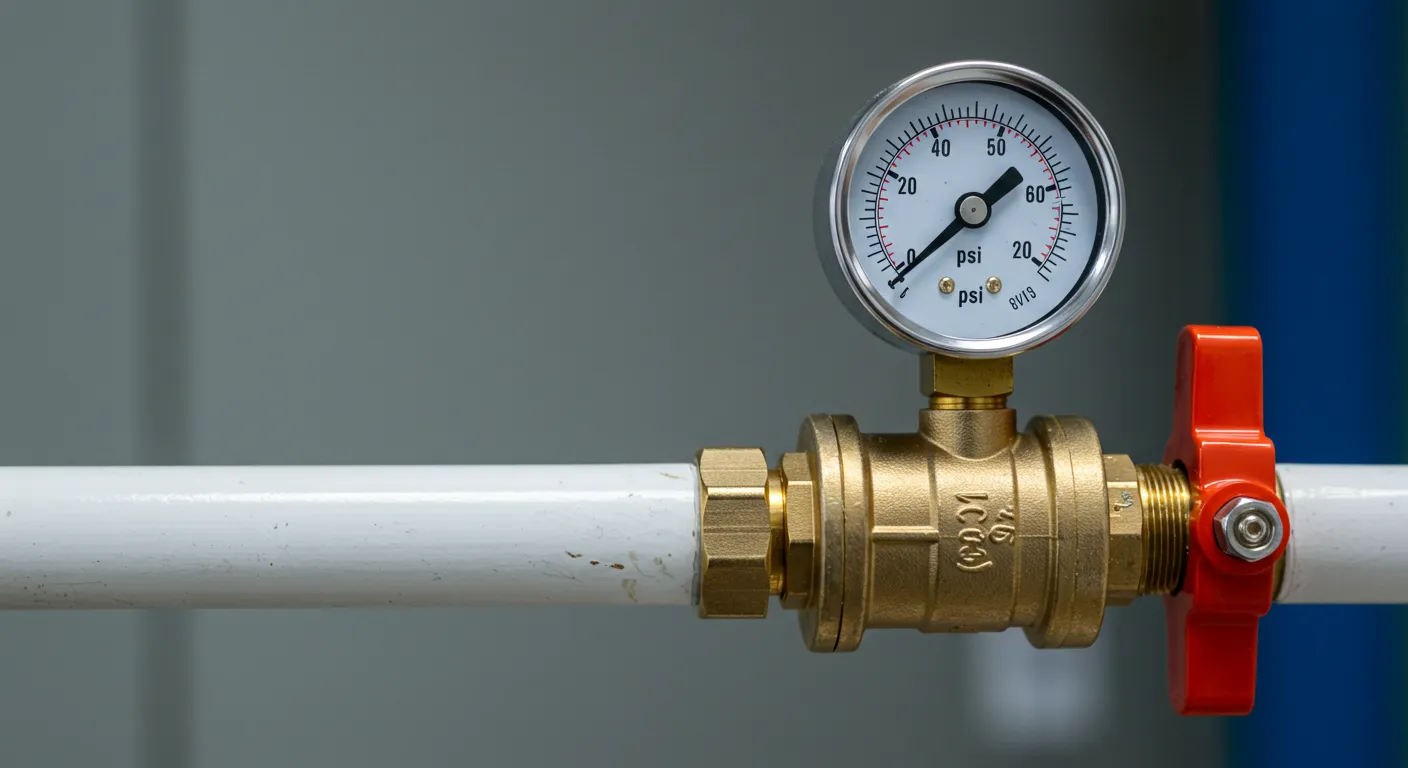 A brass water pressure valve with a red lever handle and a white-faced PSI pressure gauge, integrated into a white pipe against a blurred gray background.