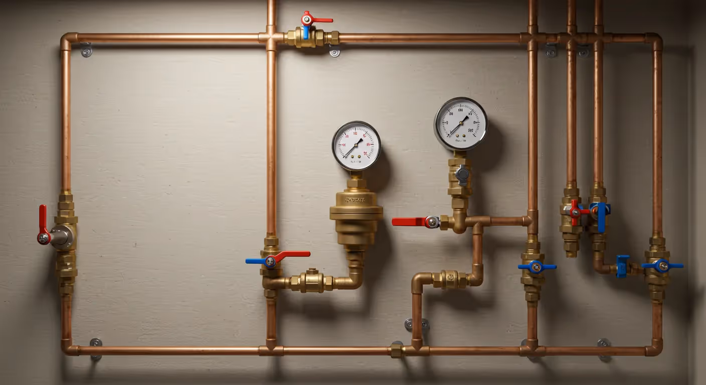A comprehensive plumbing installation on a light gray wall, featuring copper pipes, various brass valves with red and blue handles, and two pressure gauges.