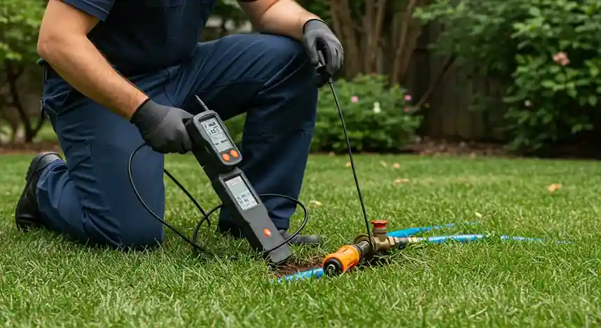 Technician kneeling, using a multi-component leak detection system on an outdoor pipe.