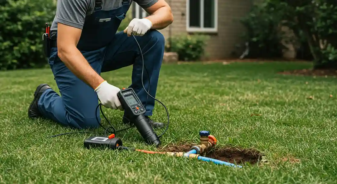 Plumber using a leak detection tool on a water pipe in a grassy yard.