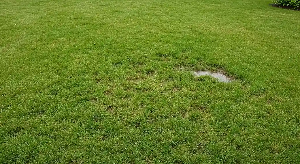 Green lawn with a prominent muddy, wet spot, signaling a potential yard leak.