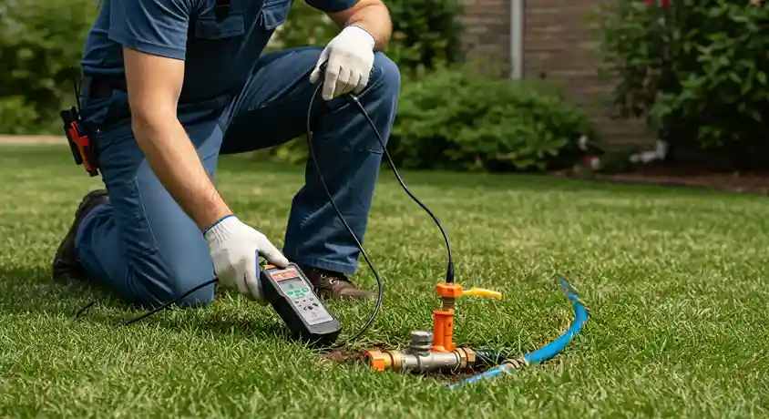Technician using a leak detection device to check an outdoor water pipe connection.