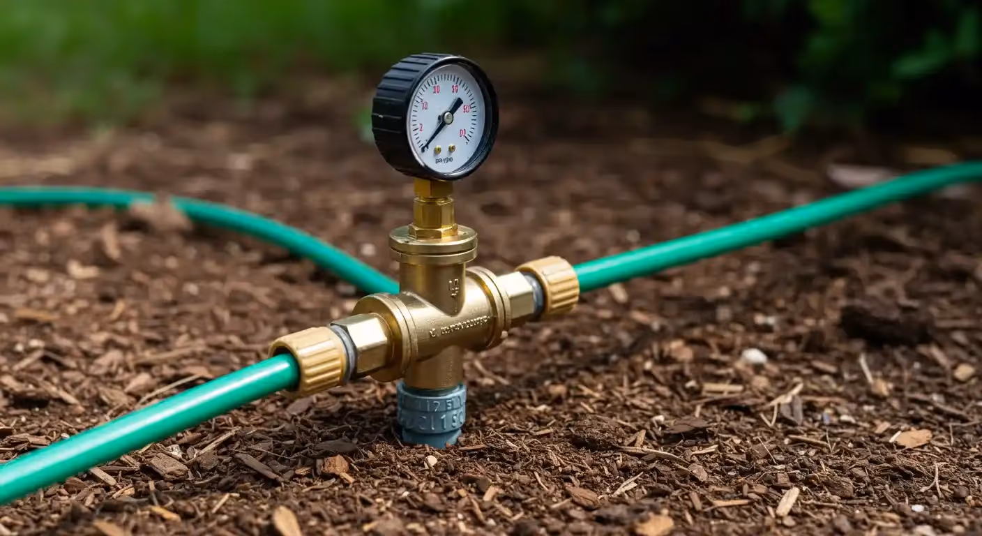 A brass irrigation fitting with a black-faced pressure gauge on top, connecting two green hoses, positioned upright in brown garden mulch.