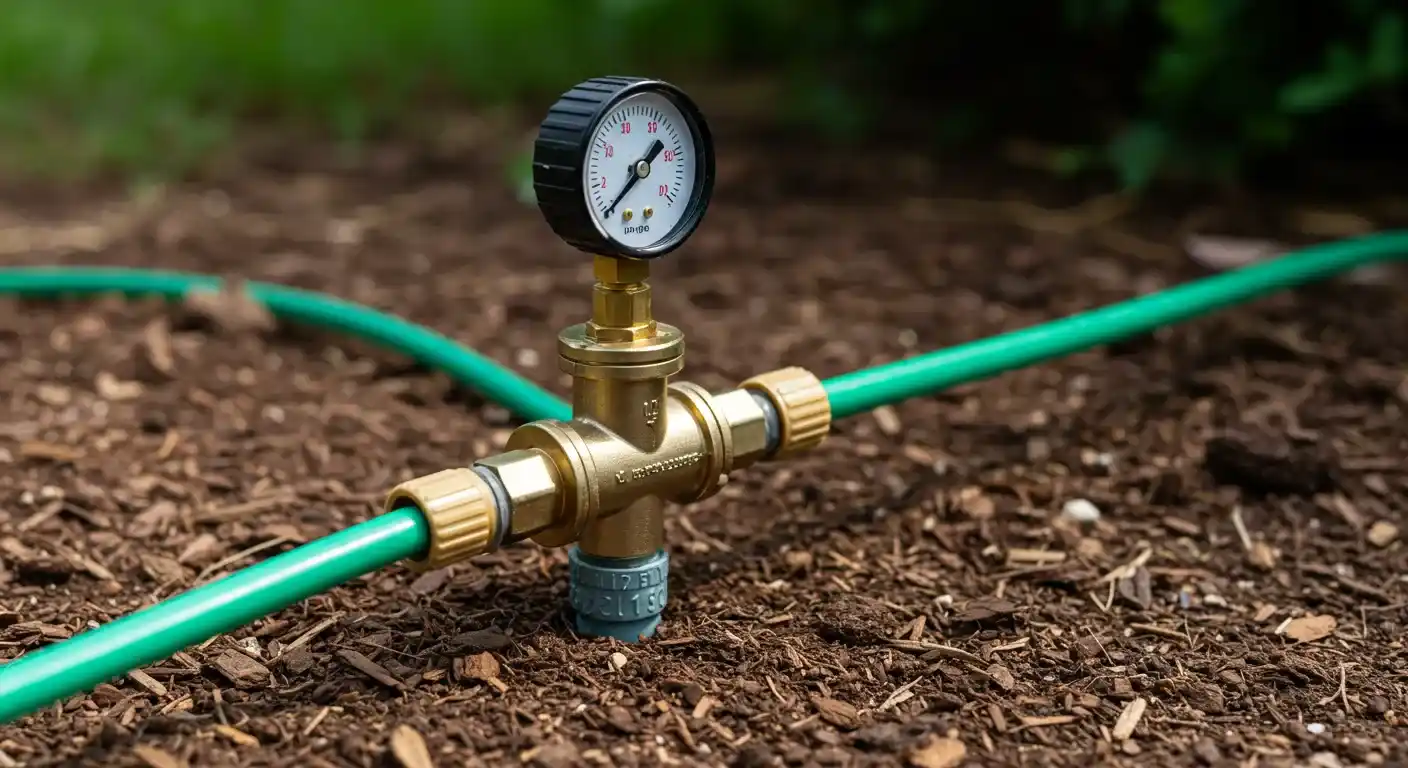A brass irrigation fitting with a black-faced pressure gauge on top, connecting two green hoses, positioned upright in brown garden mulch.
