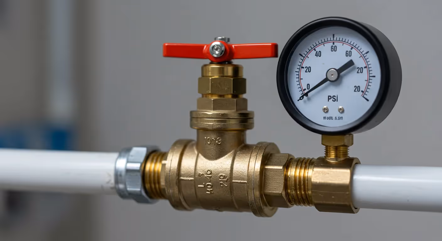A brass water pressure valve with a red lever handle and a black-faced PSI pressure gauge showing about 20 PSI, connected horizontally to white pipes.