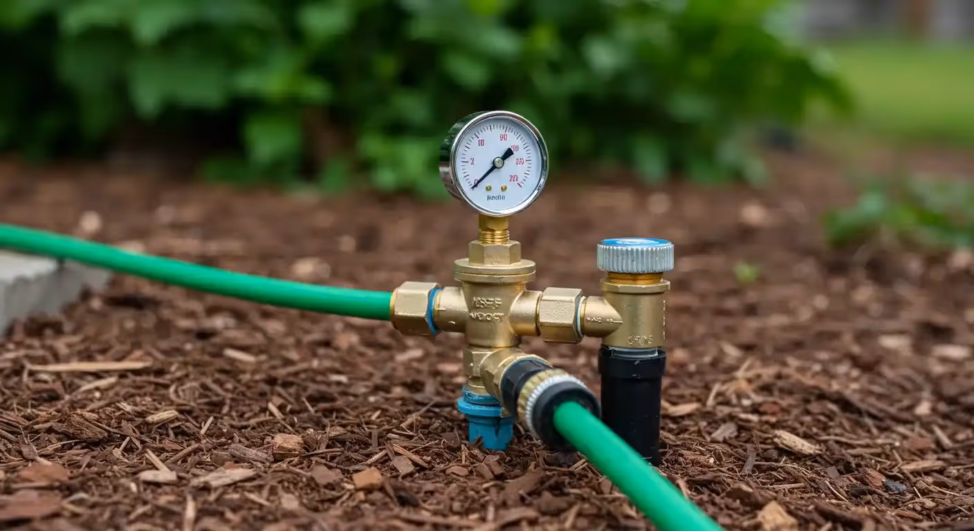 A brass water pressure valve and a white-faced pressure gauge, connected to a green garden hose and a blue fitting, set in brown mulch with green foliage.