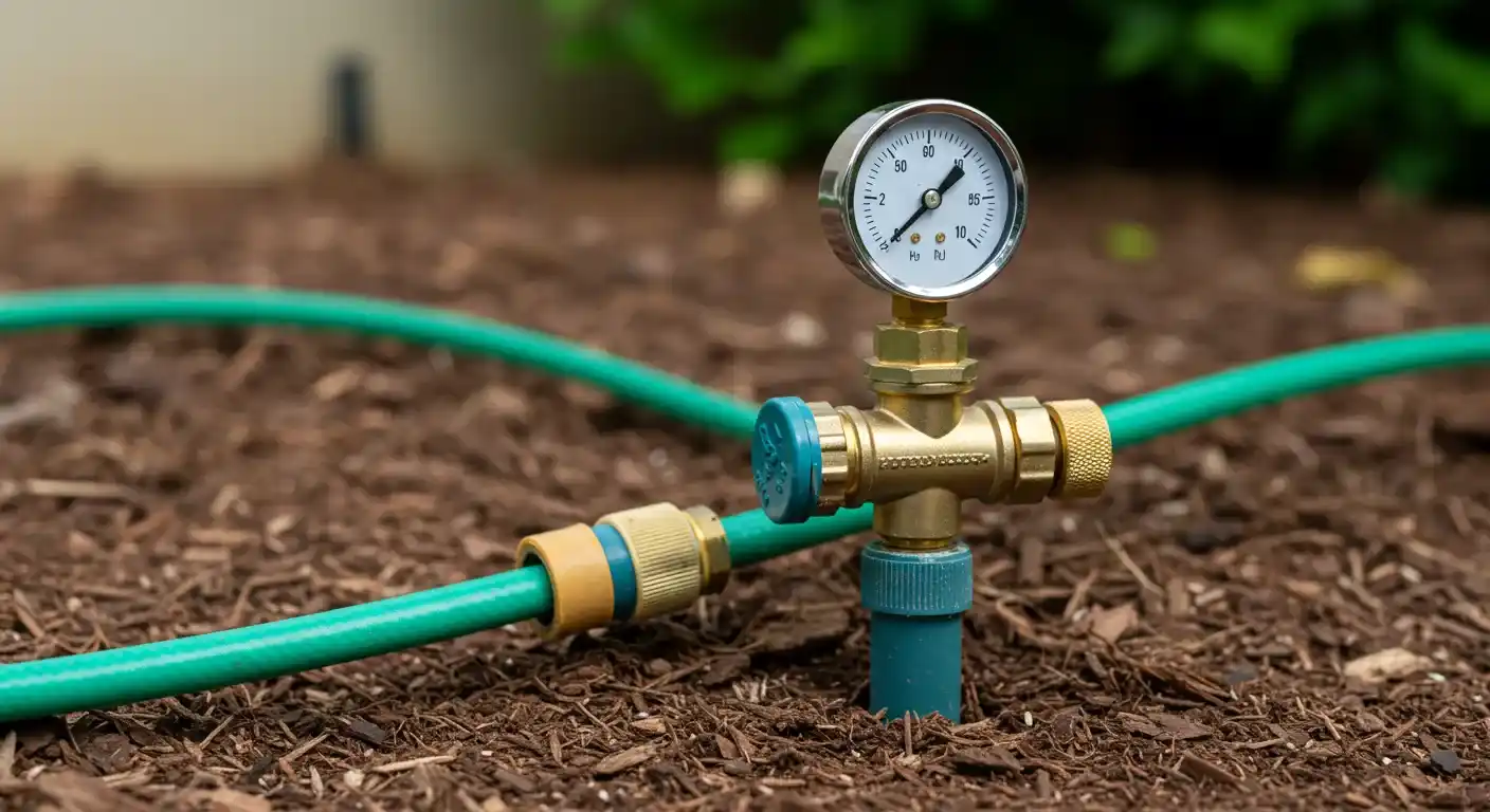 A brass irrigation valve with a white-faced pressure gauge, connecting a green garden hose, anchored into brown garden mulch with a blue fitting.