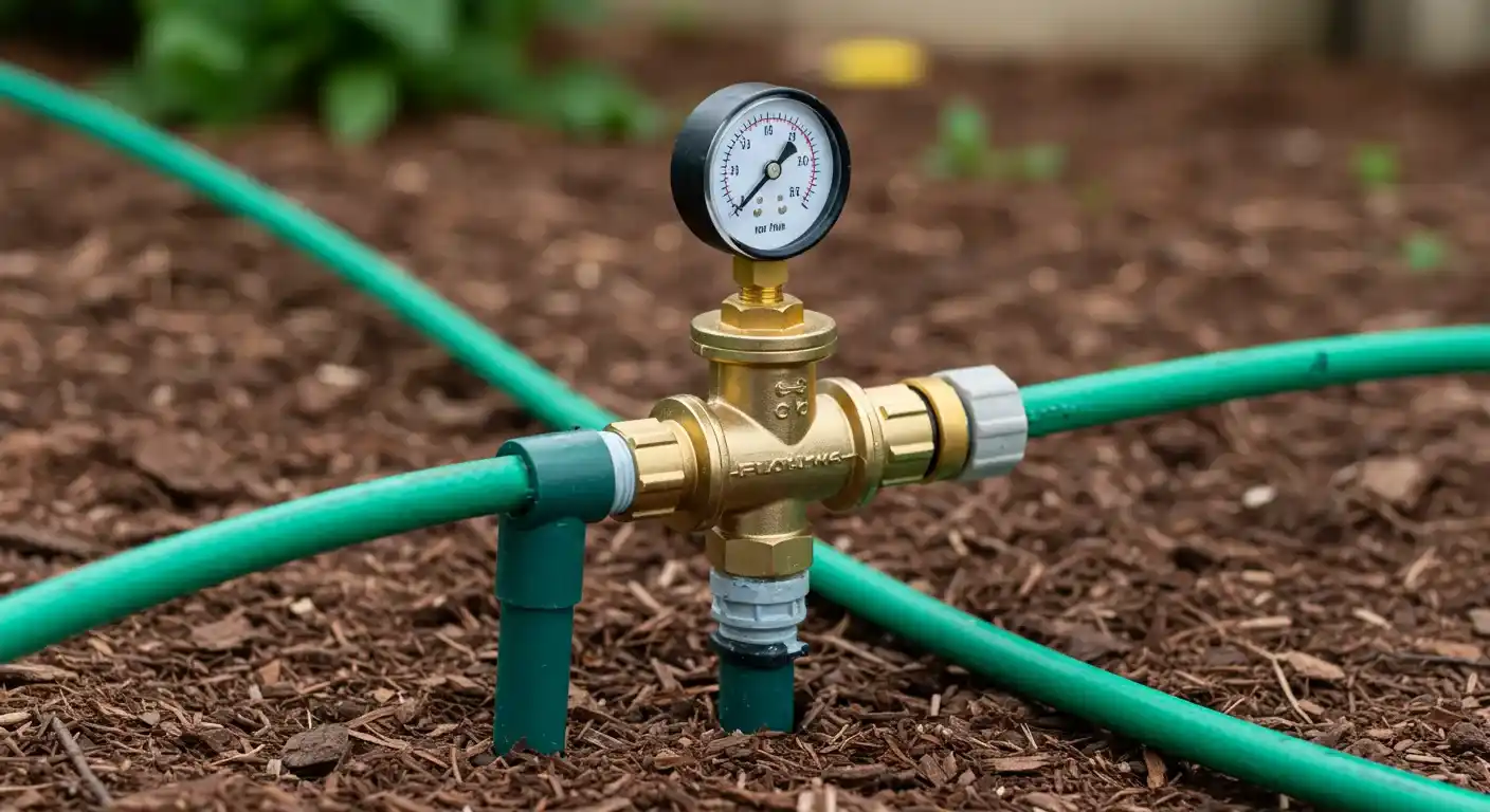 A brass irrigation fitting with a top-mounted pressure gauge, connected to green hoses and a green stake, embedded in a bed of brown mulch.