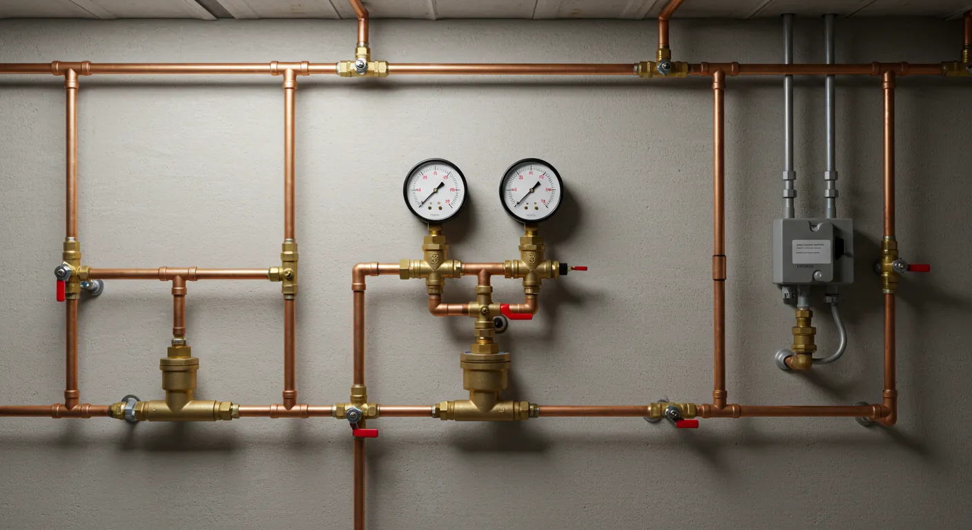 An extensive copper plumbing network on a light gray wall, with several brass valves, two prominent pressure gauges, red lever handles, and a gray control box on the right.