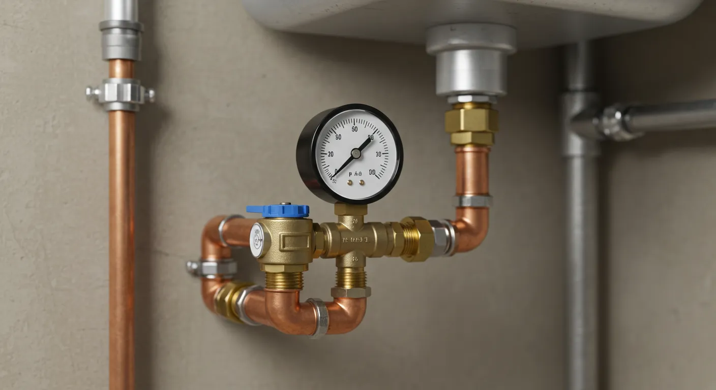 A brass water pressure valve with a blue handle and a black-faced pressure gauge, integrated into a system of copper pipes and fittings below a gray tank.