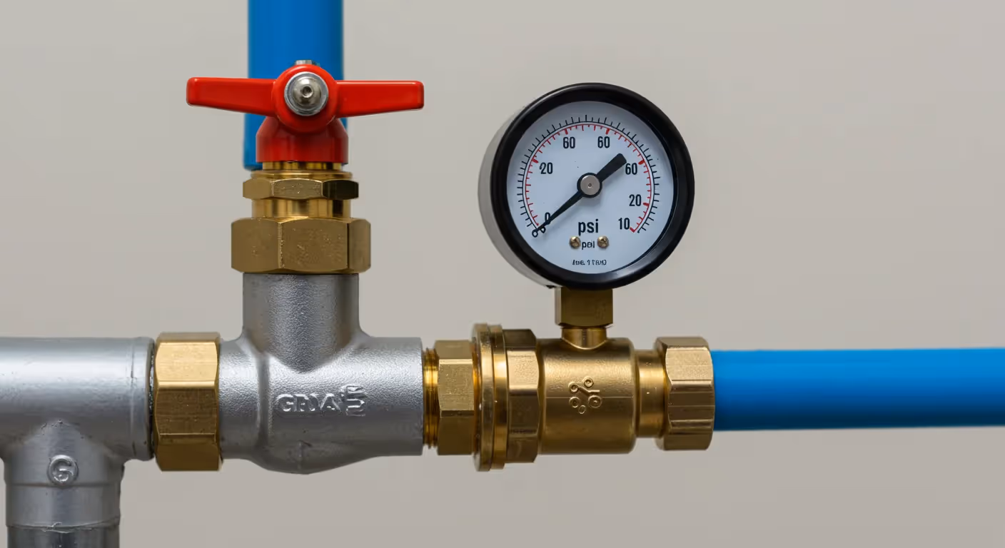 A close-up of a silver and brass water pressure valve with a red lever handle and a black-faced PSI pressure gauge, connecting blue and silver pipes.