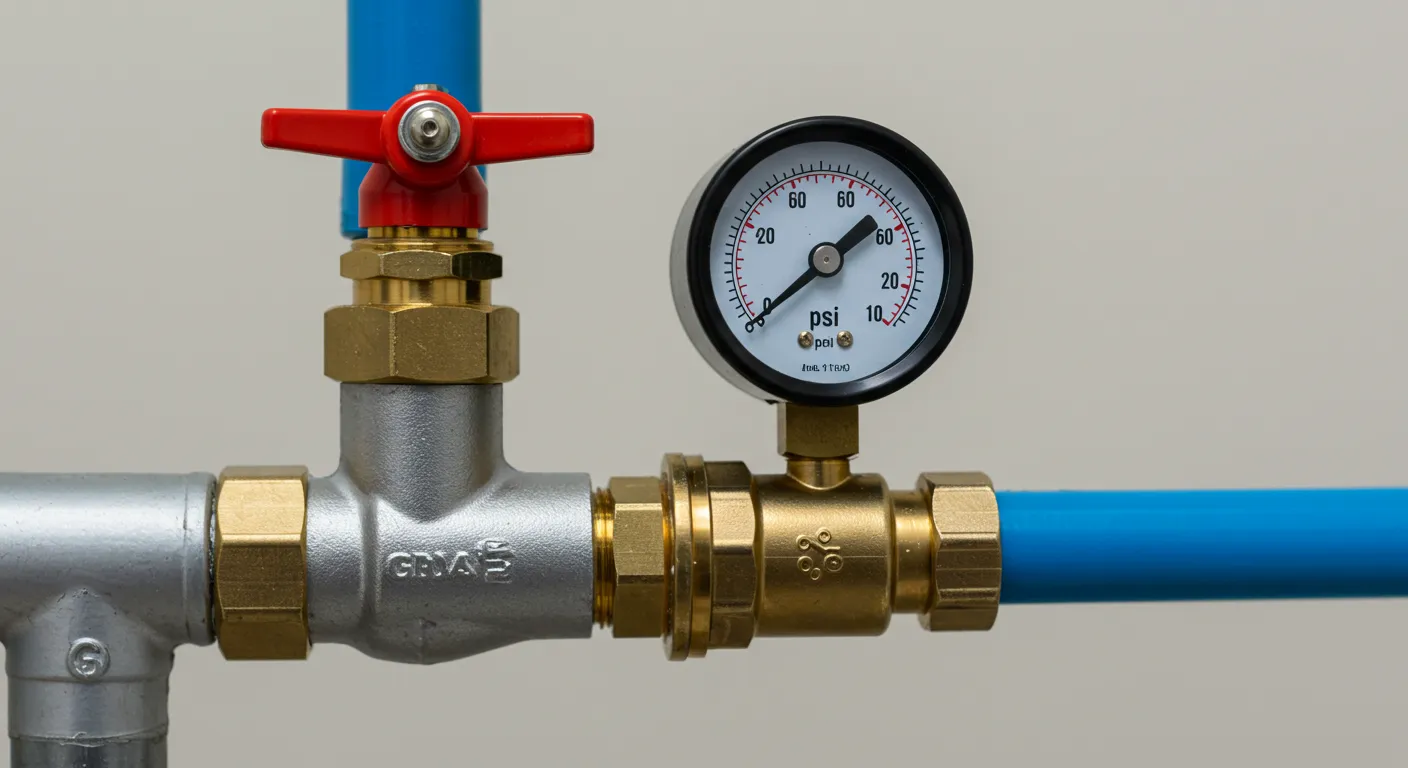 A close-up of a silver and brass water pressure valve with a red lever handle and a black-faced PSI pressure gauge, connecting blue and silver pipes.