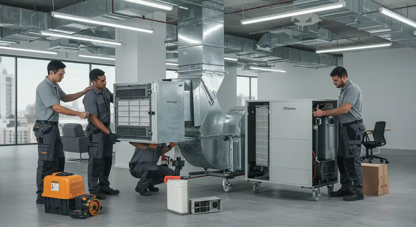  Three men, dressed in matching grey work uniforms with orange accents, are installing a large commercial ventilation or HVAC system in a spacious, modern office or industrial space. Two men on the left are lifting a large, rectangular metal component, which is being guided into a vertical duct system. One of the men is kneeling to support the weight and connect it. A third man on the right is working on a separate, open unit on wheels, examining its internal components. The space has a high ceiling with exposed ductwork and fluorescent lighting. Large windows in the background show a city skyline. An orange and black toolbox and another small piece of equipment are on the floor in the foreground. The scene depicts a professional team collaboration on a large-scale installation project.