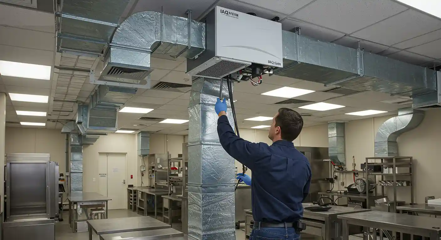  A Caucasian male technician, wearing a dark blue long-sleeved shirt and blue jeans, is servicing a ceiling-mounted ventilation unit in a commercial kitchen. He is wearing blue gloves and reaching up to adjust a black hose or cable