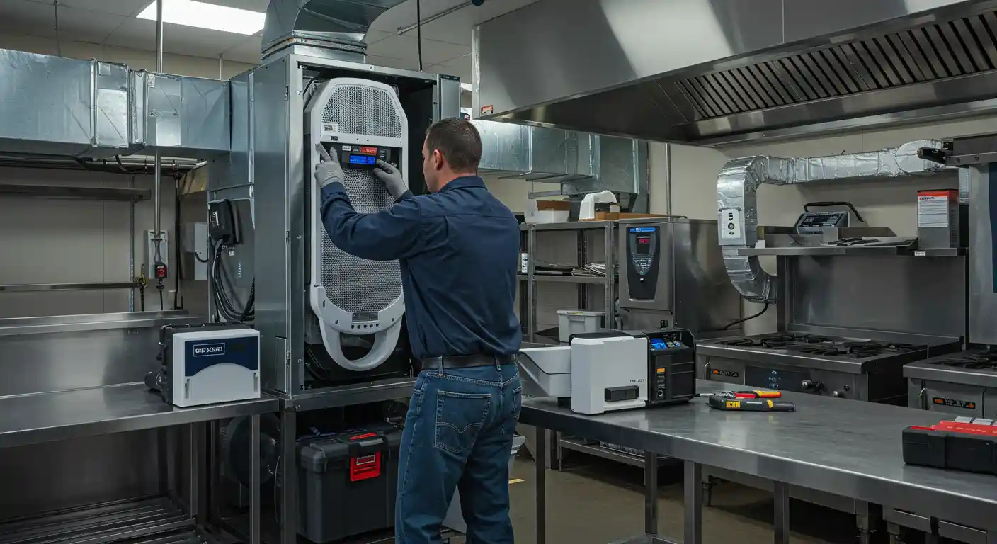  A male technician, wearing a dark blue shirt and jeans, is servicing a large vertical air purification or ventilation unit in a commercial kitchen. He is wearing grey gloves and is operating the control panel on the front of the unit