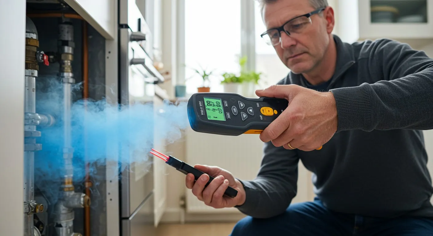 Man detecting a gas leak indoors.