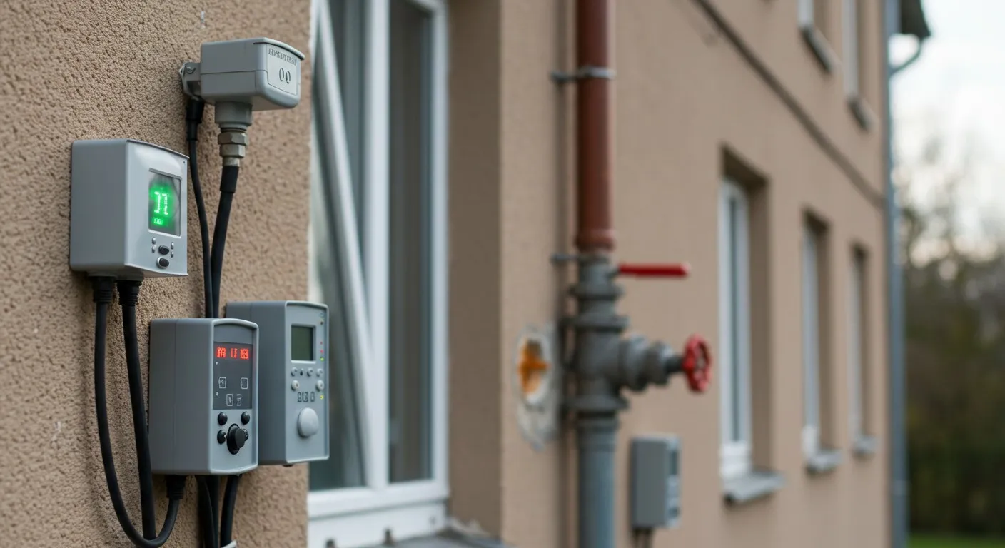 Monitoring device attached to an exterior wall.