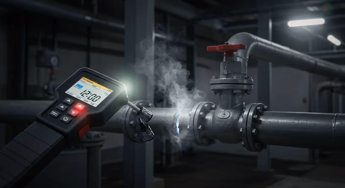 A digital handheld detector is identifying a steam leak in a large industrial pipe. The scene is dimly lit, highlighting the device's backlit display.