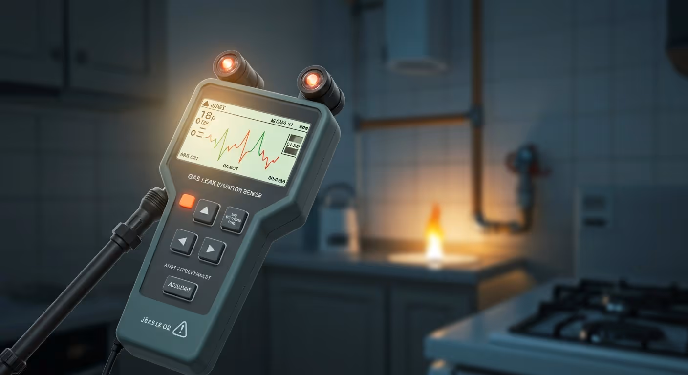 A digital thermometer detecting a steam leak on a metal pipe in an industrial setting.