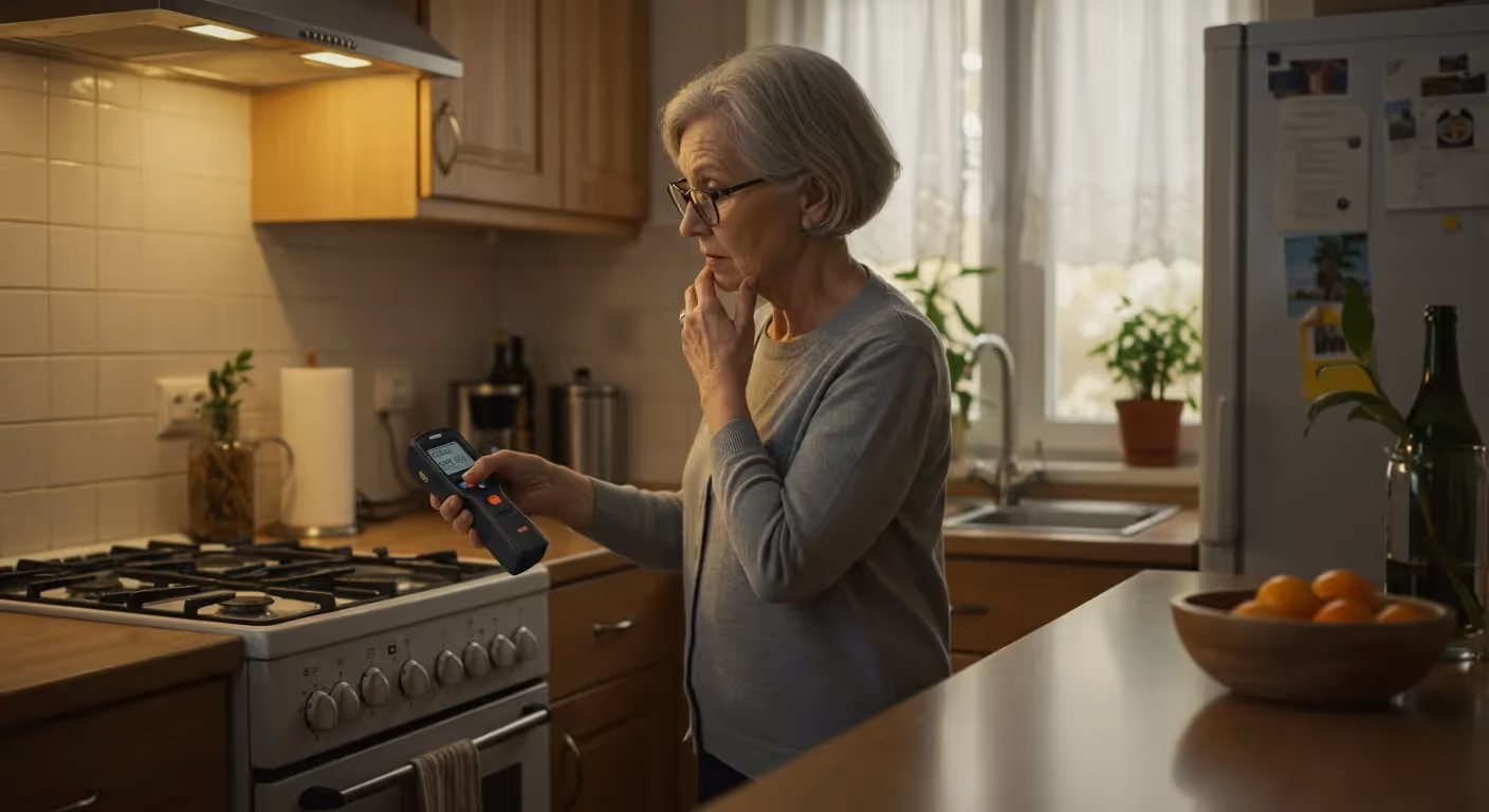 Woman with device checks kitchen stove.