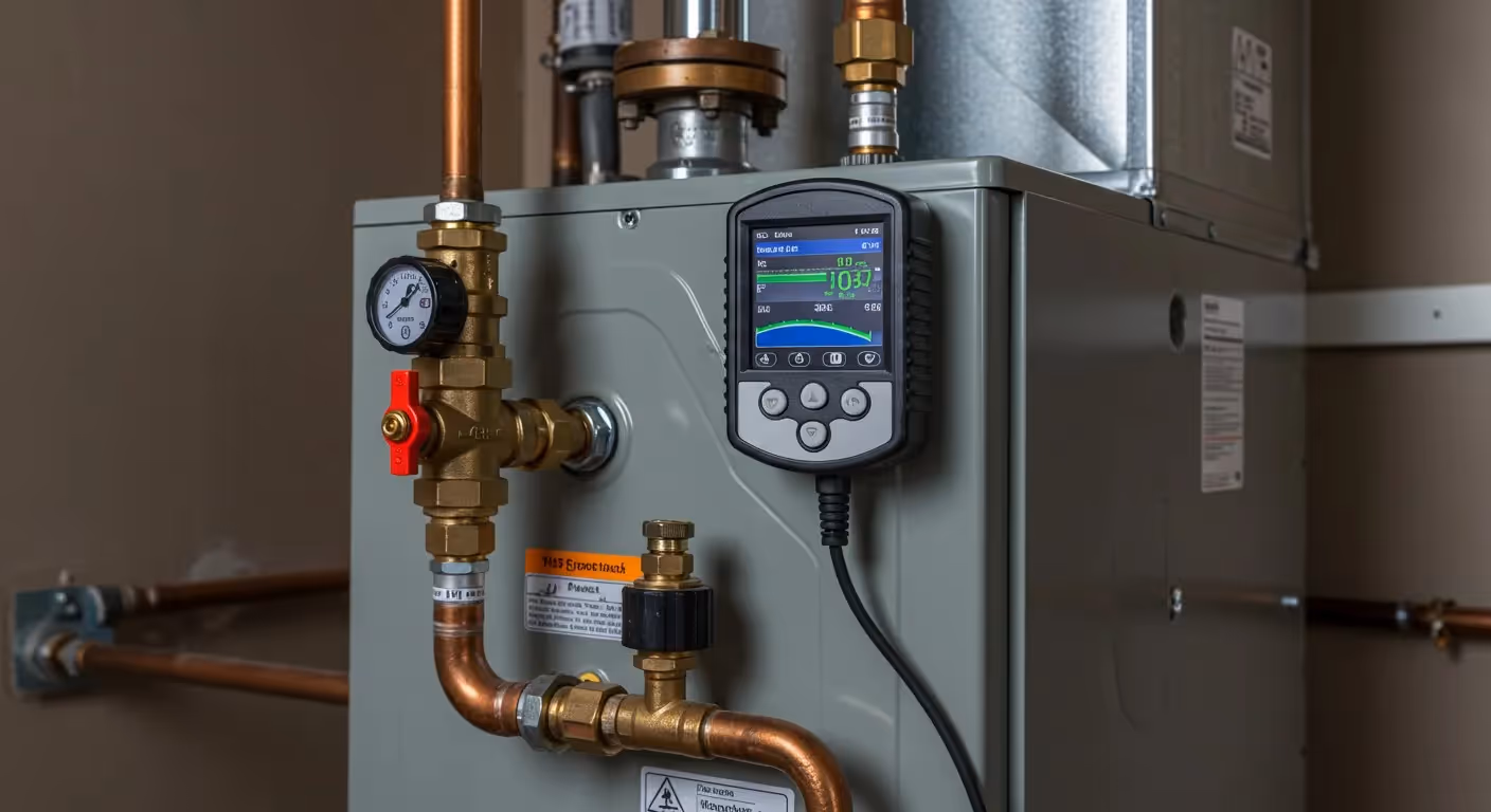High-efficiency furnace with copper pipes, pressure gauge, and digital controller display showing system settings. 