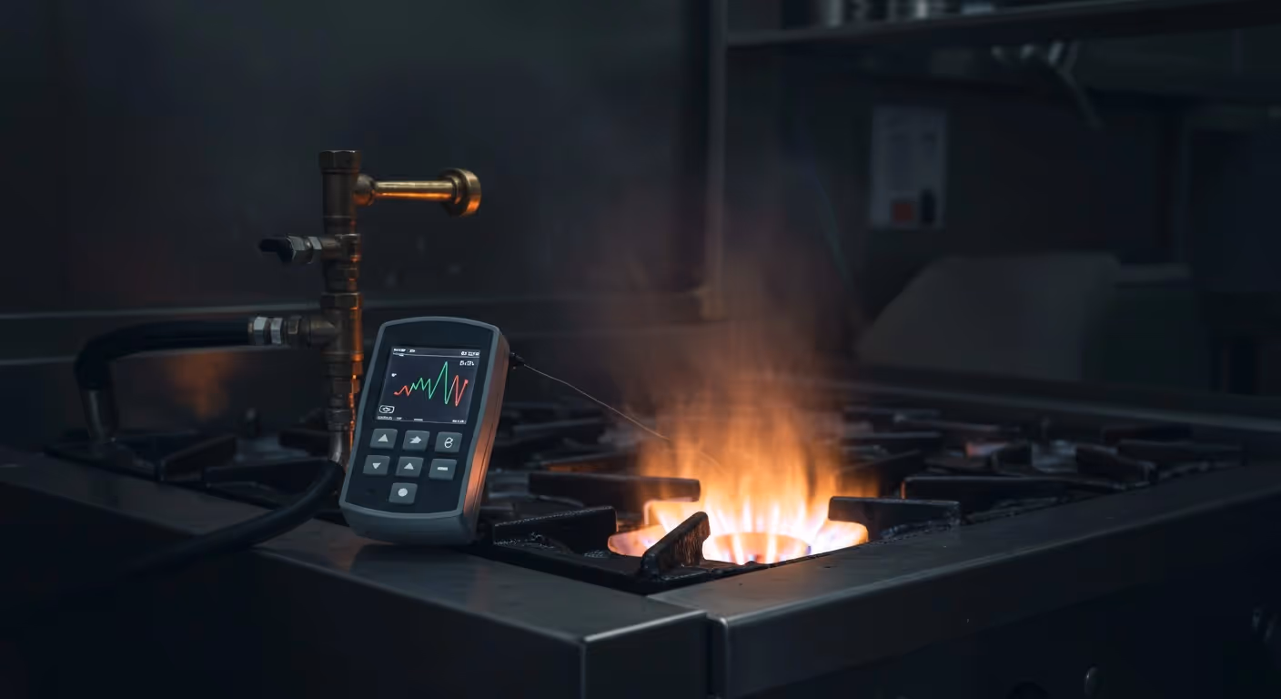 A smartphone with a cracked screen leans on a stove, beside a brightly burning fire.