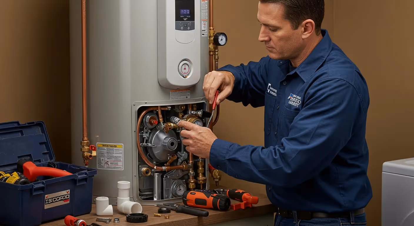 A male technician in a blue uniform is using a wrench to repair a large tankless water heater, with an open toolbox and other tools visible on a workbench next to him.