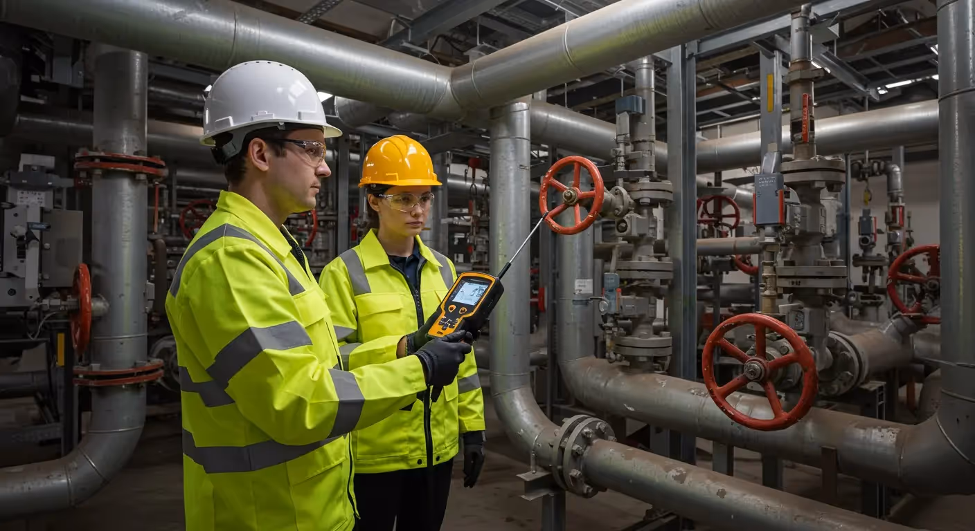 Engineers inspect pipes with handheld device.