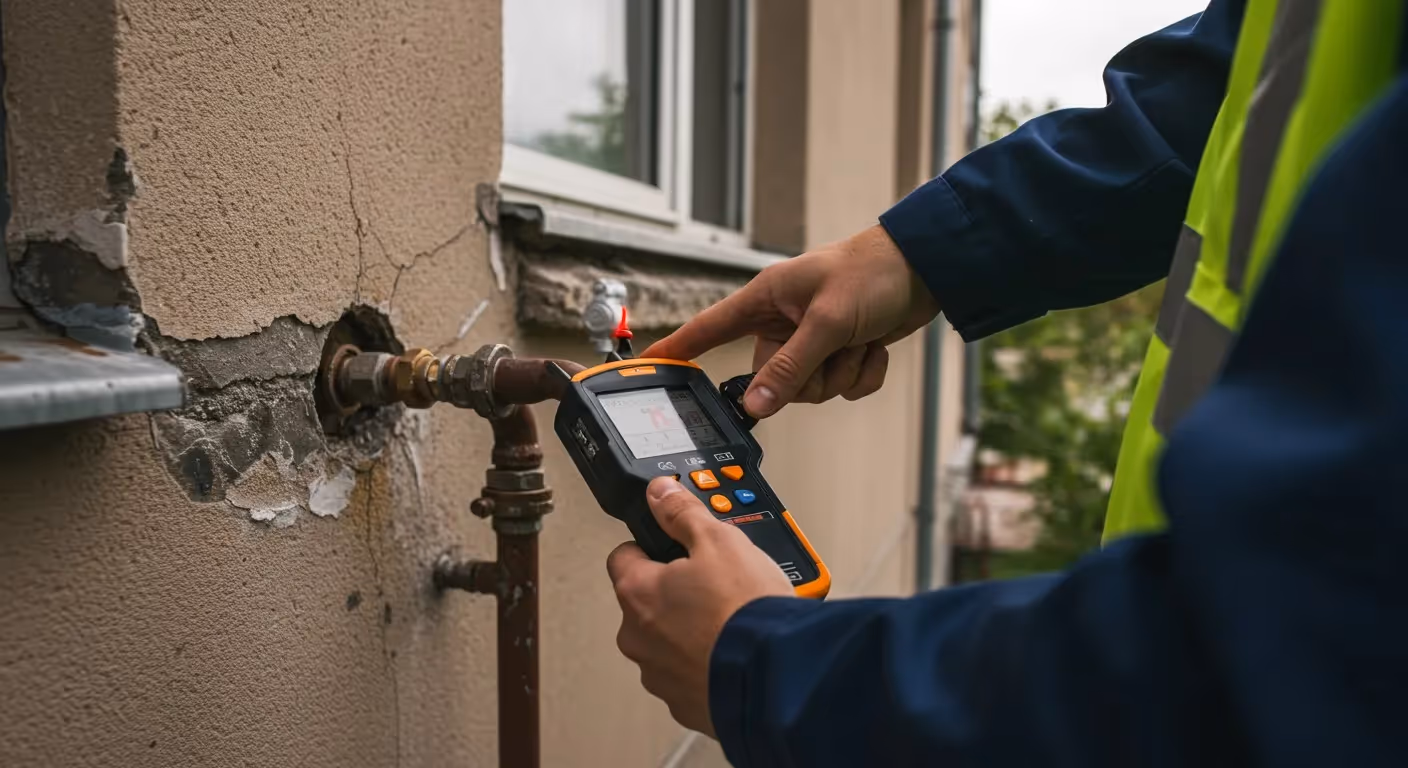 Worker uses device to check pipe.