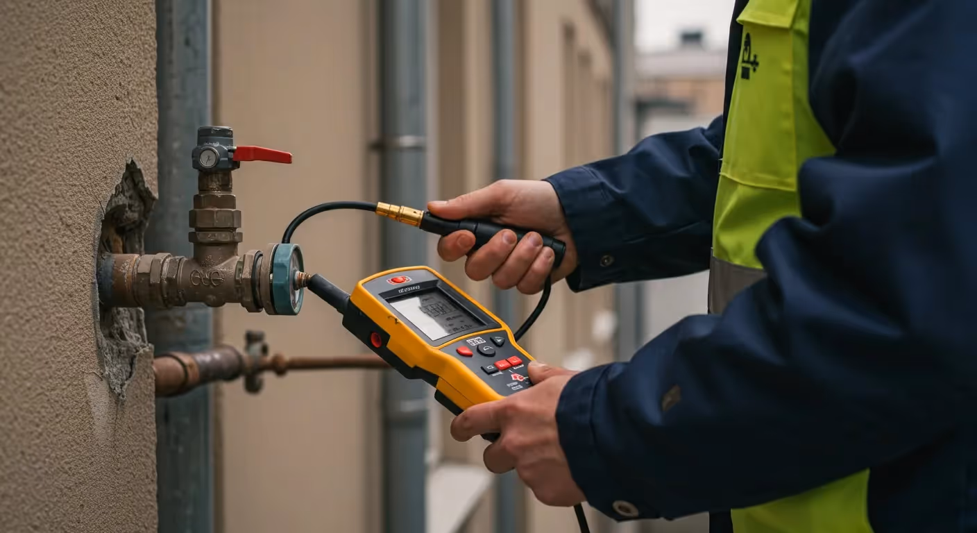Worker tests exterior pipe with device.