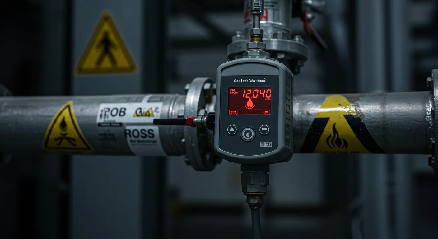 Fixed gas leak detector on pipe.