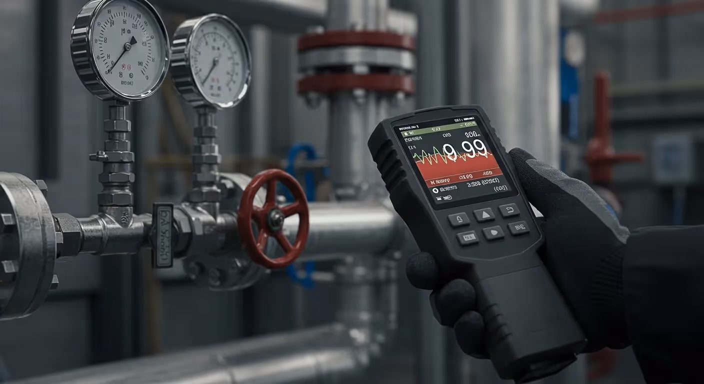 Worker checks pipe pressure with device.