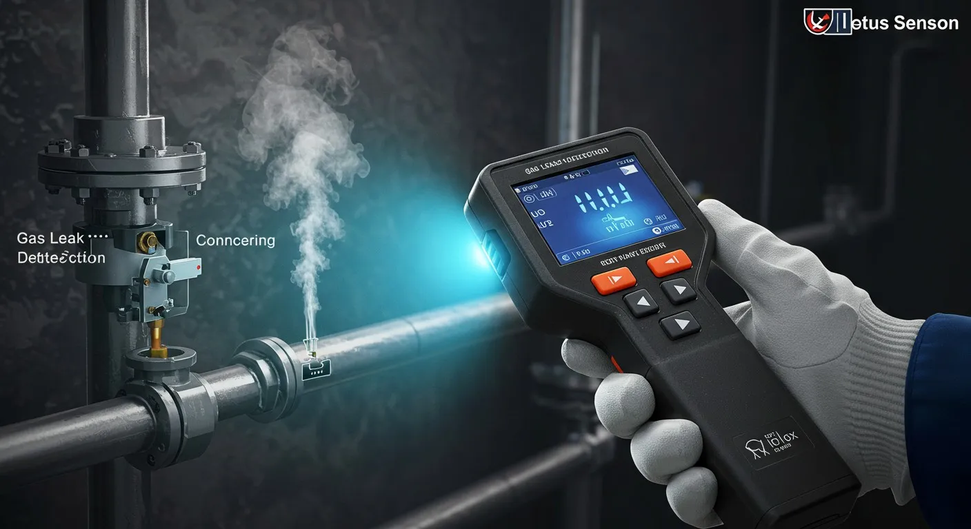 Worker detects pipe leak with device.