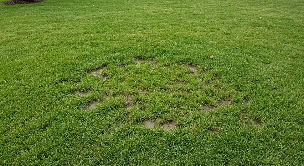 Brown, water-logged patch in a green lawn, suggesting an underground water leak.