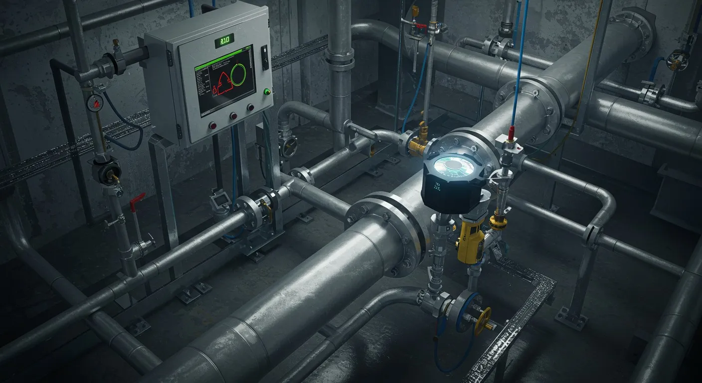 Central monitor in industrial pipeline room.