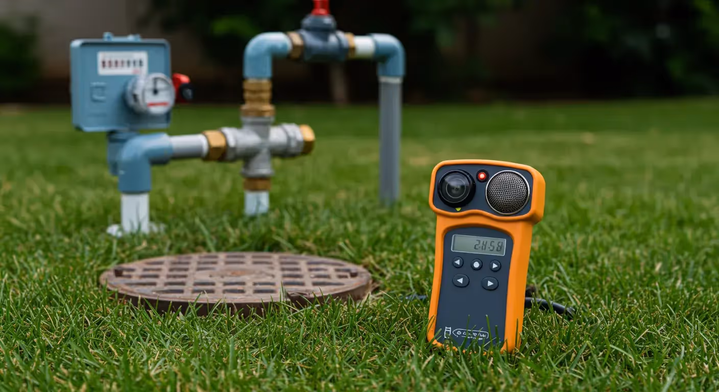 Water leak detection device on grass near a water meter and manhole.