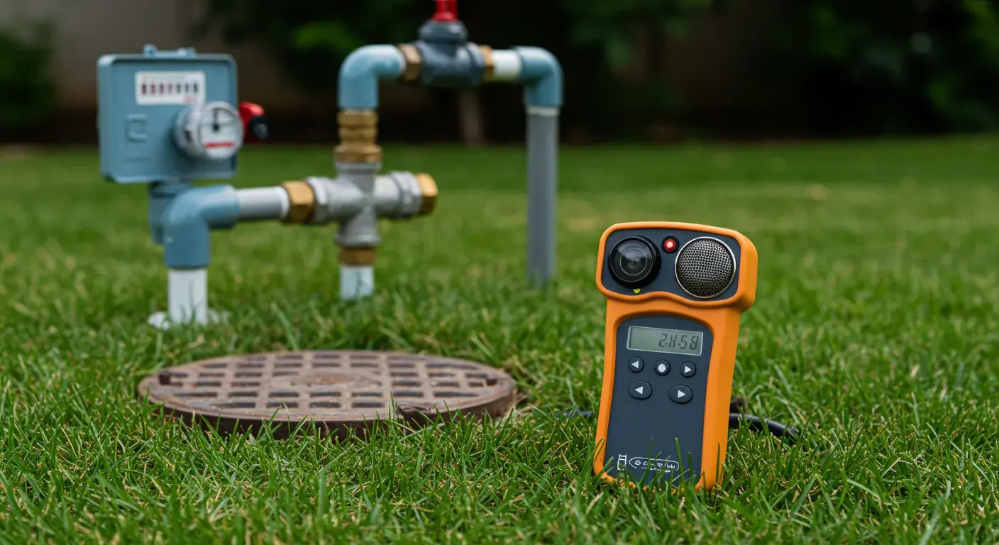 Water leak detection device on grass near a water meter and manhole.
