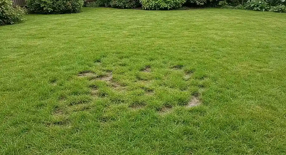 Discolored, water-saturated area in a green lawn, hinting at an outdoor water leak.