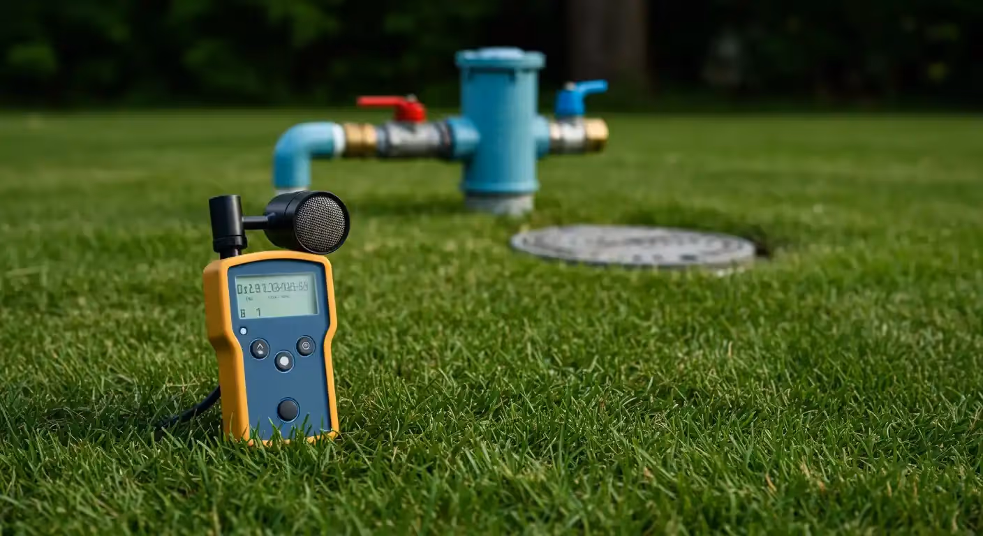 Acoustic leak detector on grass near a water valve and manhole.