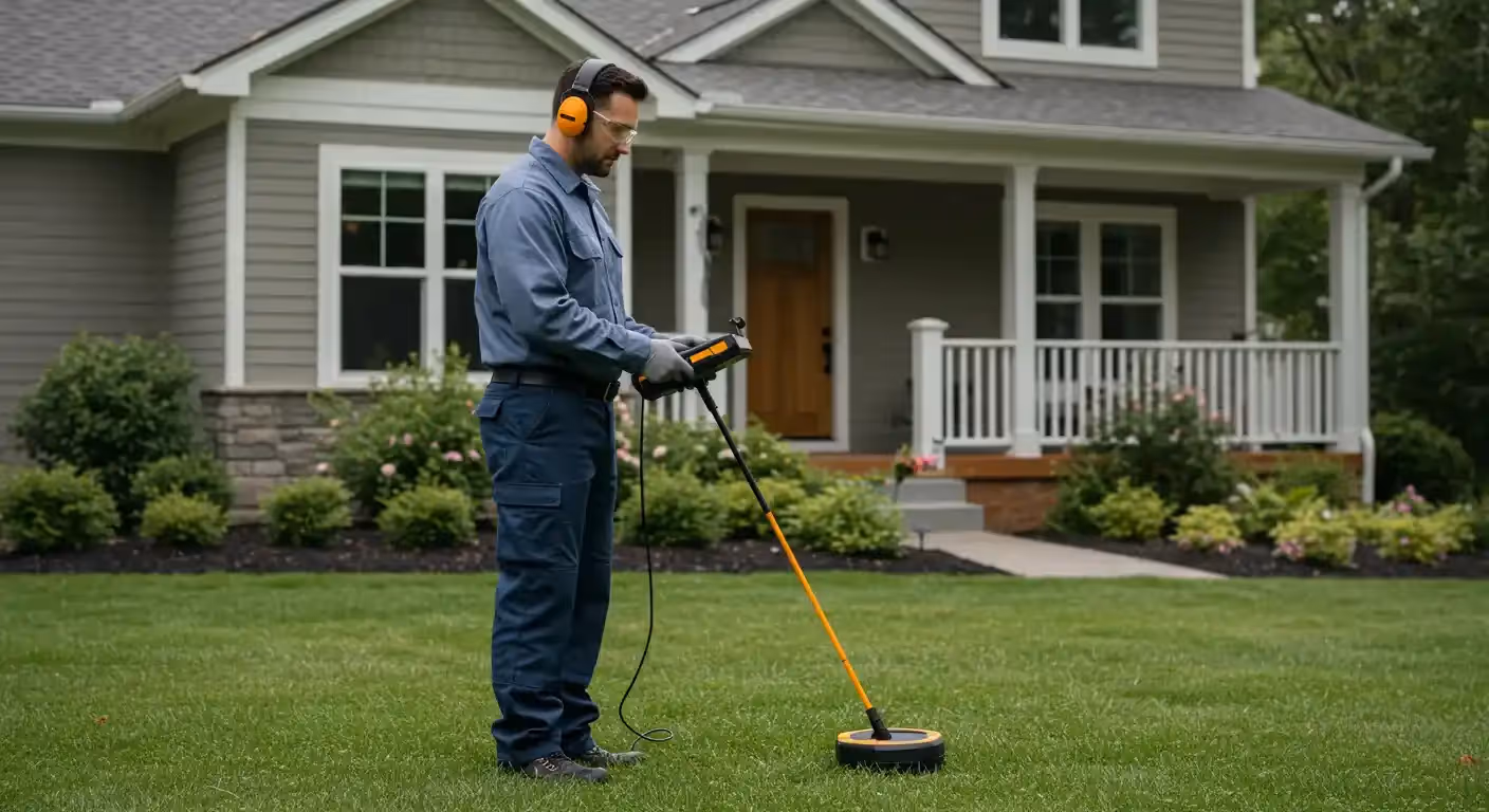 Man in work uniform using a ground microphone to find a water leak in a front yard.