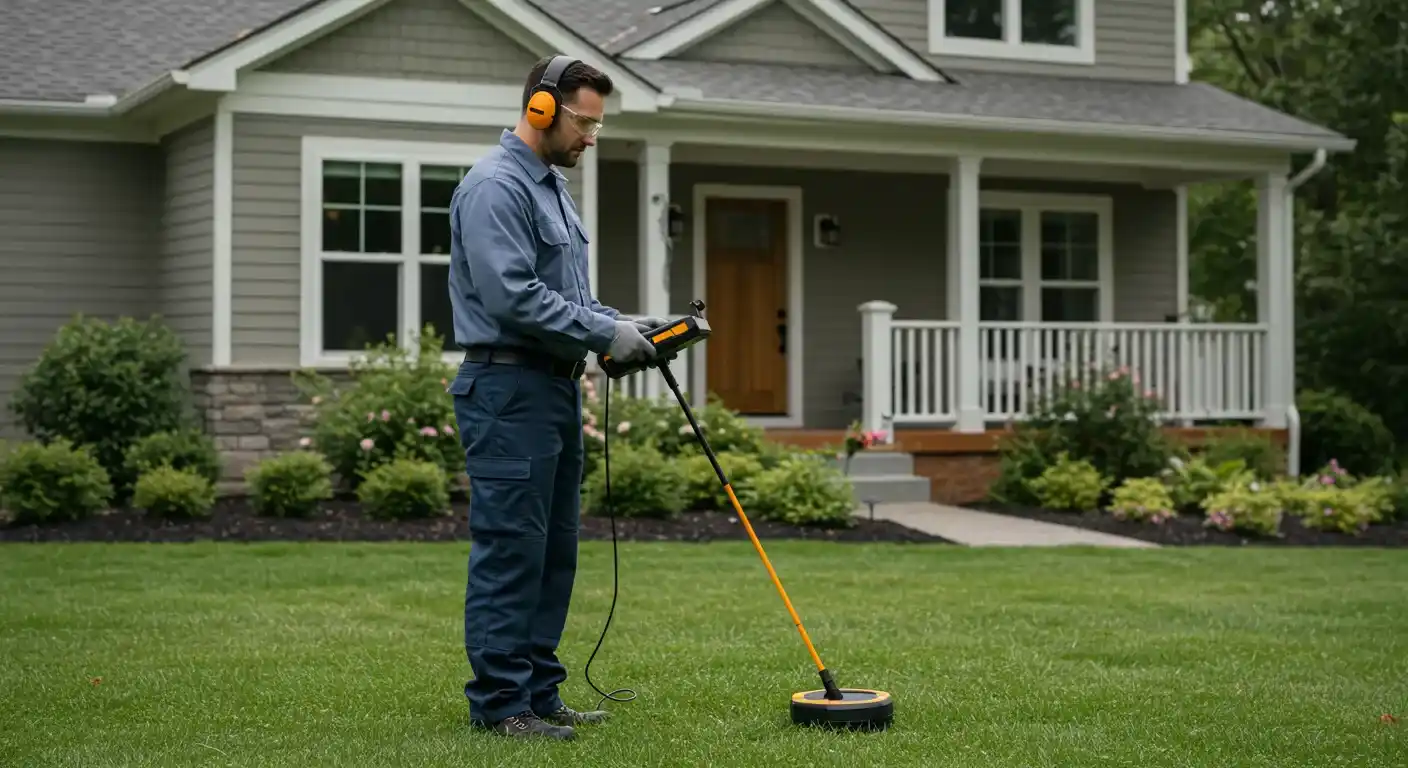 Man in work uniform using a ground microphone to find a water leak in a front yard.