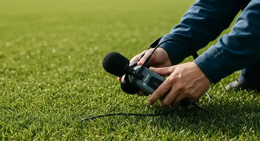 Hands adjusting a water leak detection microphone on green grass.