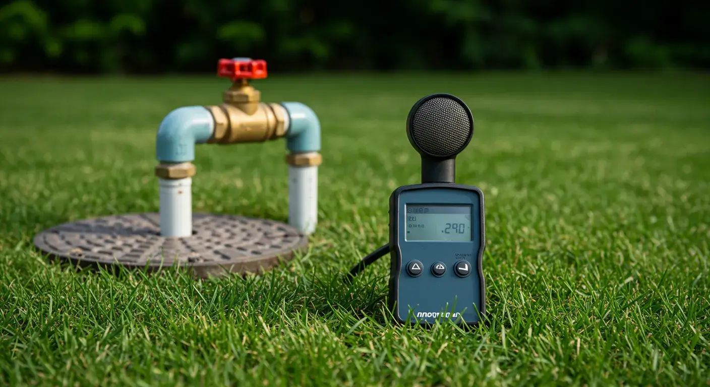 Acoustic leak detector on grass near a water valve and manhole.